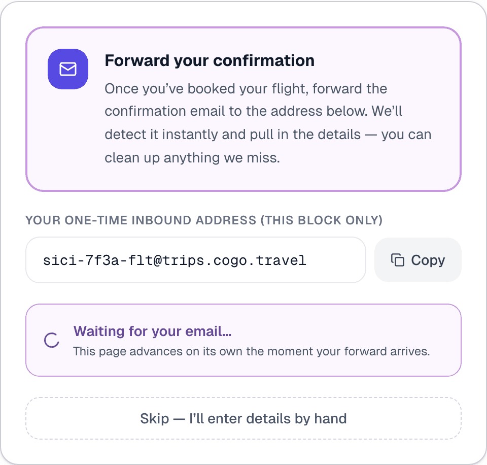 Block forwarding address with copy button