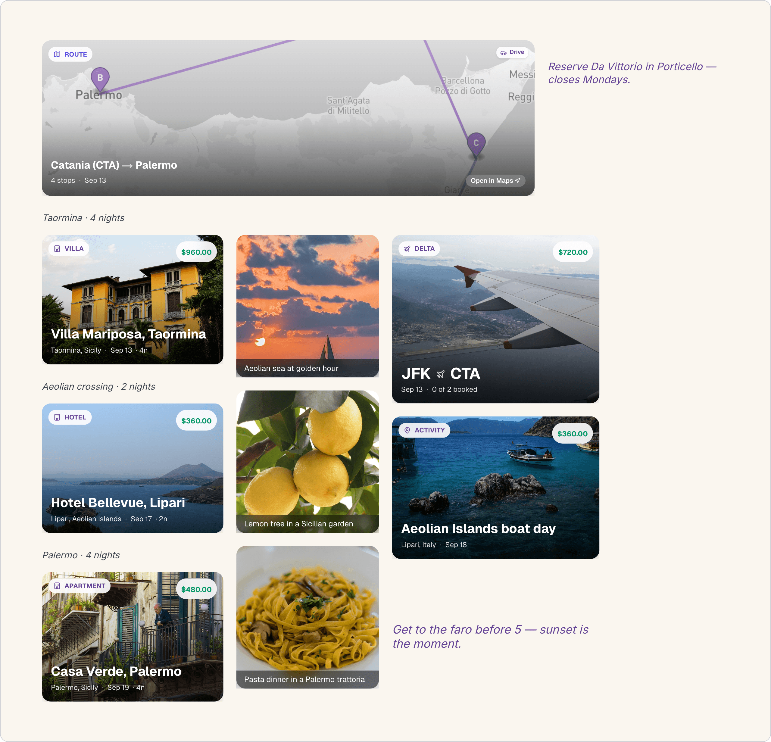Sicily Honeymoon canvas with flights, lodgings, activities